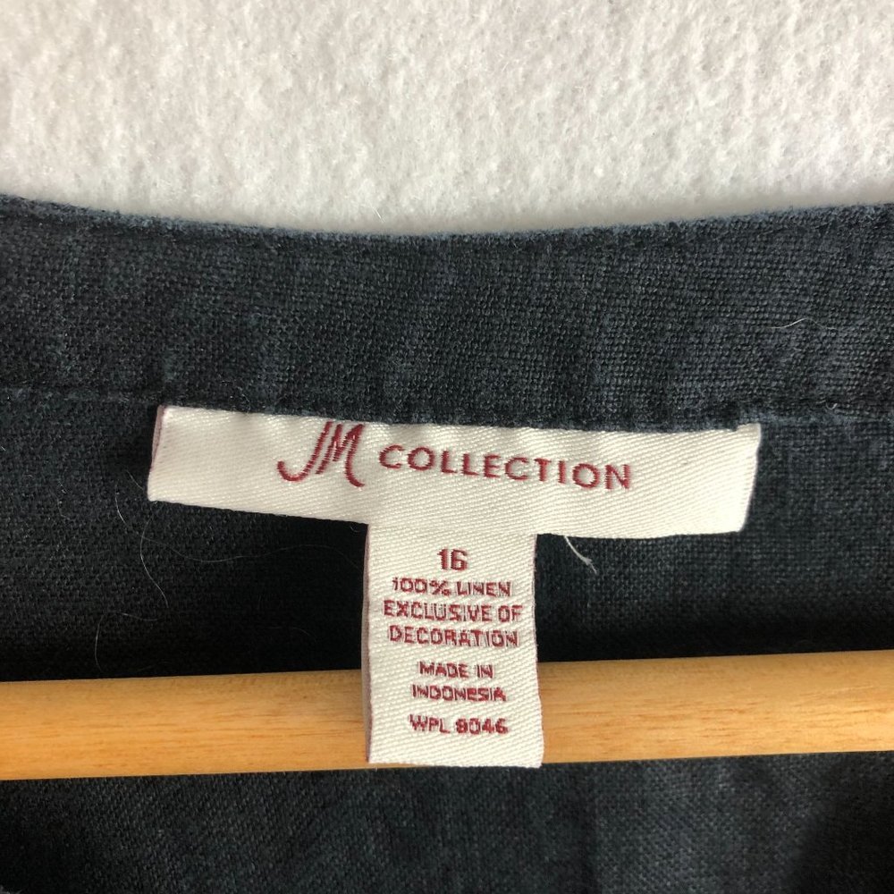 JM Collection Women's Plus Size 16 Black Silver Embroidered Linen V-Neck Top - Picture 6 of 7